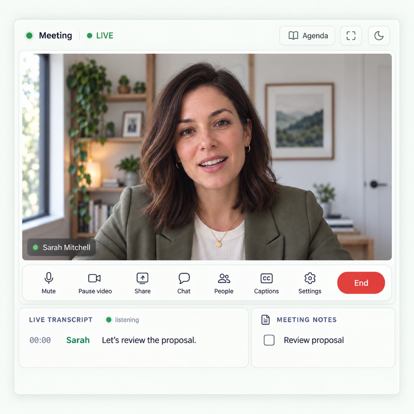 Nohl video meeting interface with participant, live transcript and meeting notes